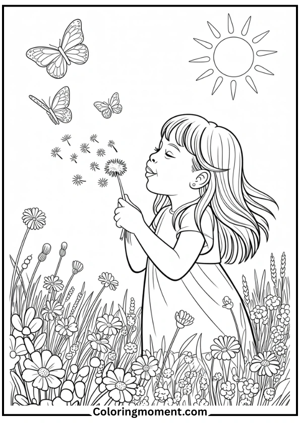 Girl Blowing Dandelions in Meadow