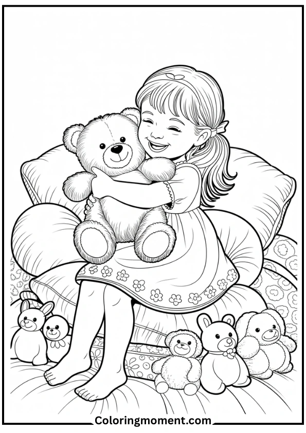Girl Hugging Teddy on Bed