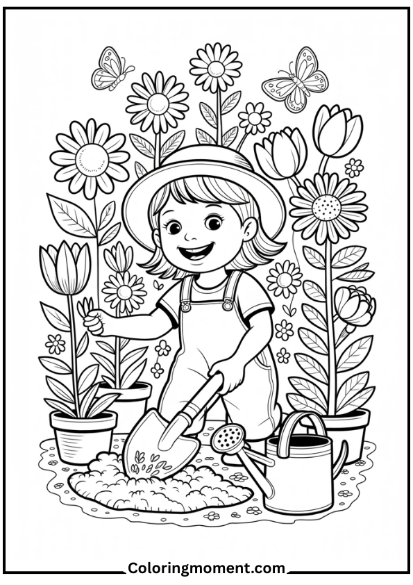 Girl Planting Flowers in Garden