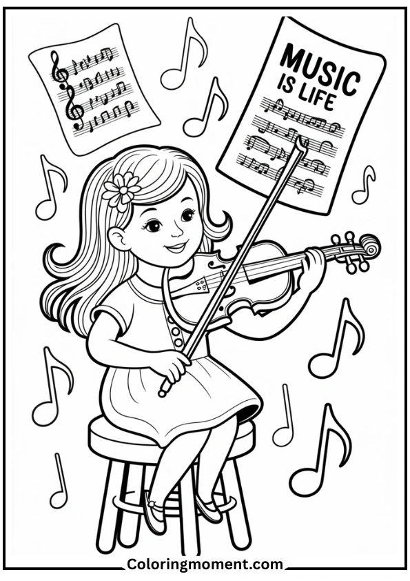 Girl Playing Violin with Music Notes