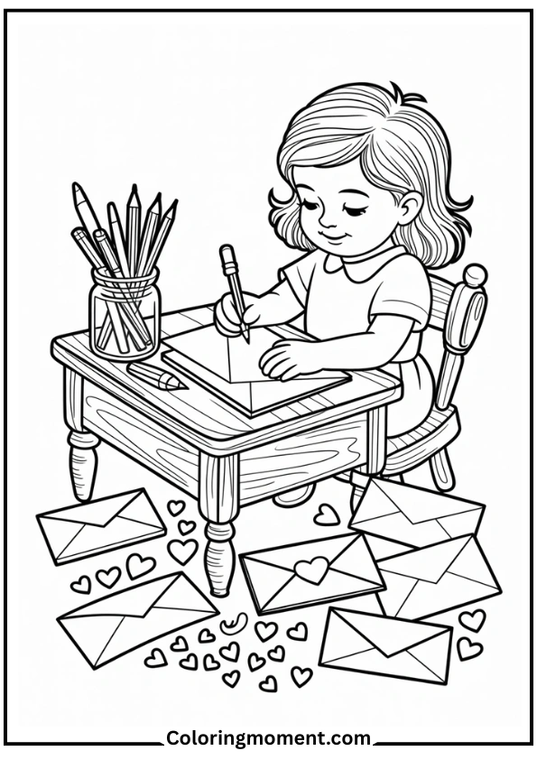 Girl Writing a Letter with Hearts