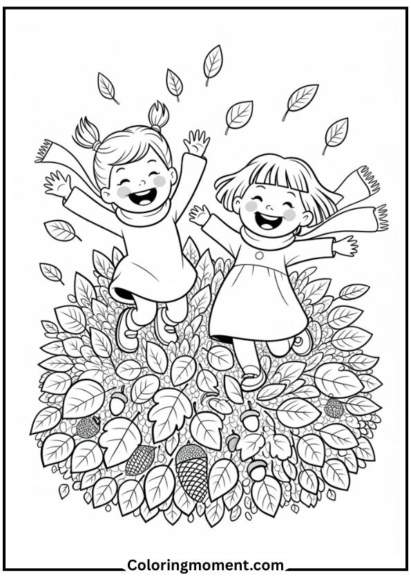 Girls Jumping in Autumn Leaves