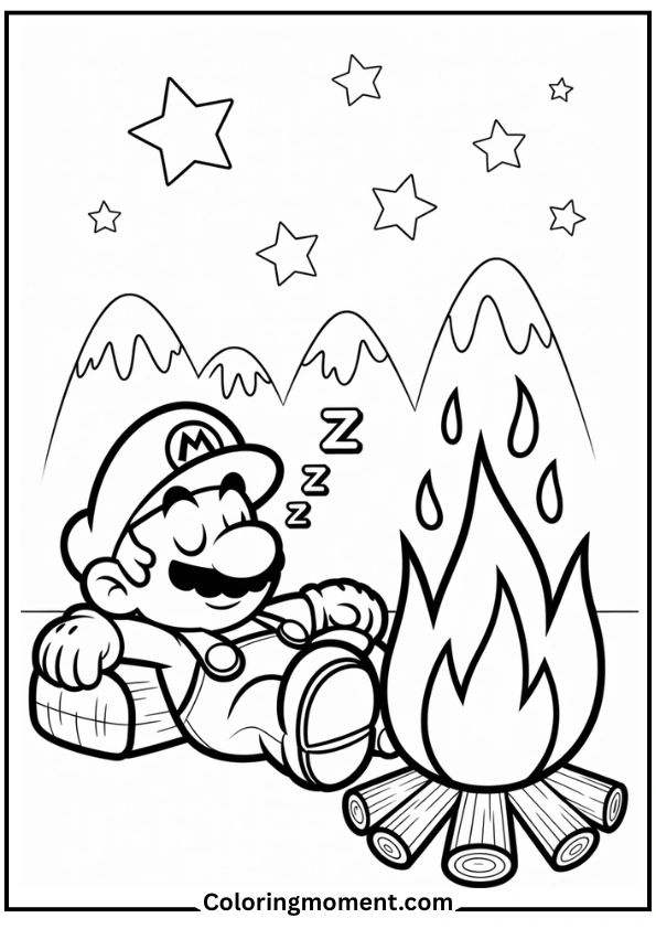 Mario Sleeping Next to a Campfire