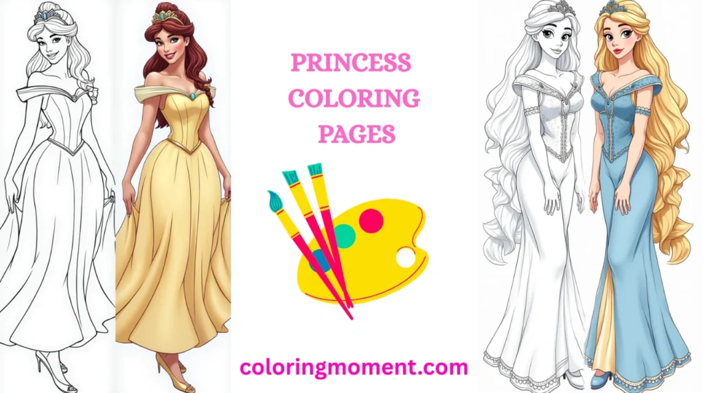 Black and white line art of a princess in a flowing gown and tiara standing in front of a castle, designed as a coloring page with clean outlines and no filled areas.