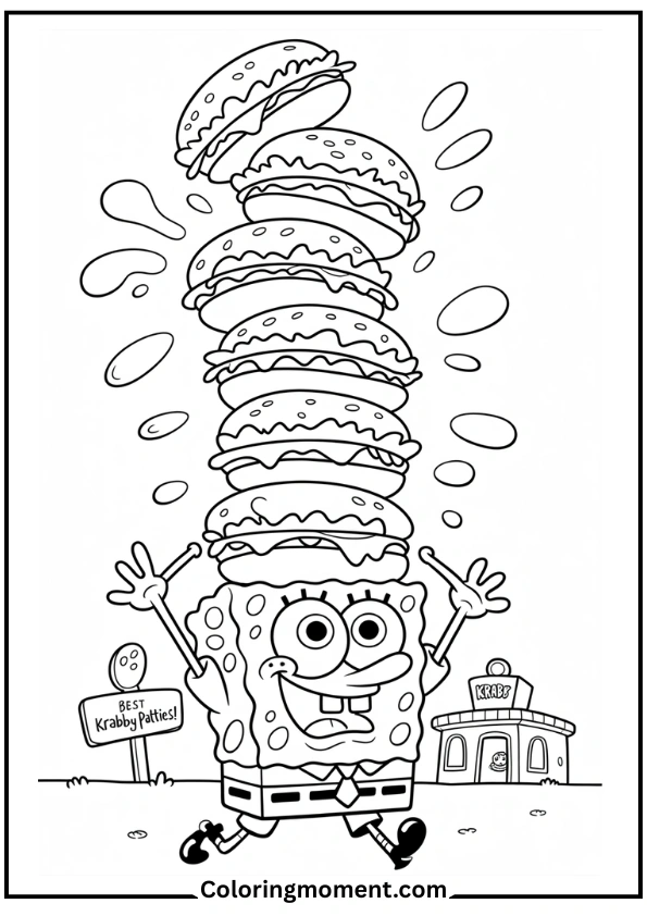 SpongeBob with a Stack of Krabby Patties