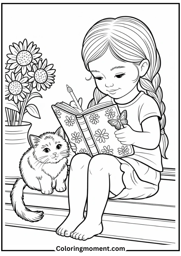 Window Journaling Girl with Cat
