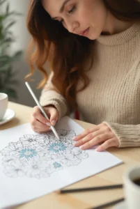 A woman with long brown hair is sitting at a table, coloring a detailed floral design in a coloring book while holding a pencil. She is wearing a beige sweater and there is a coffee cup and a few pencils on the table.