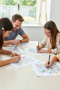 a family of four enjoying a coloring activity together