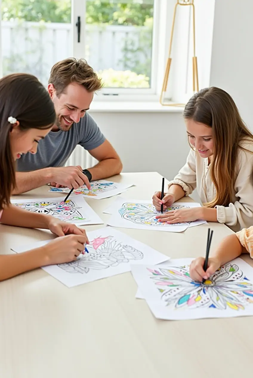 a family of four enjoying a coloring activity together