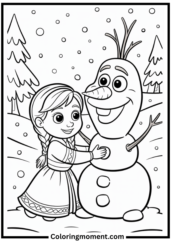 Anna Building Snowman Coloring Page