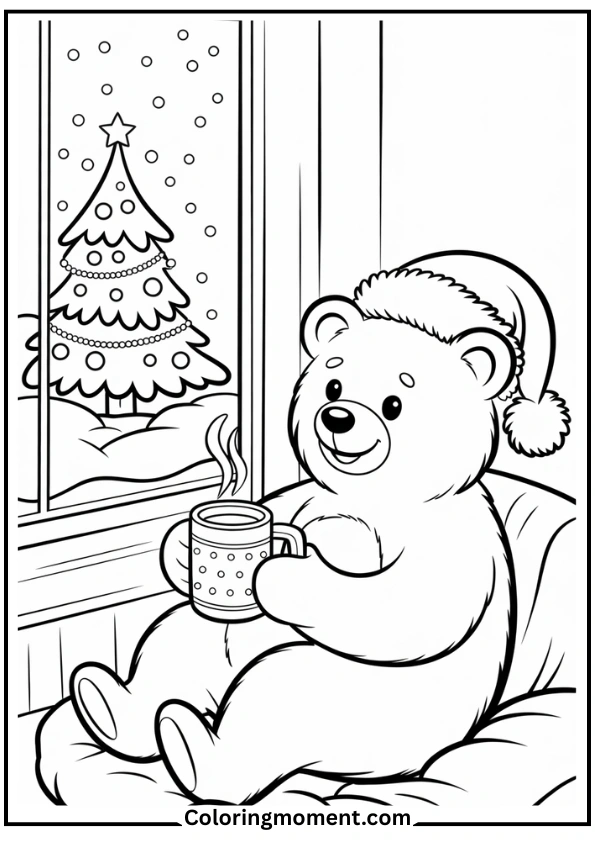 Bear drinking hot cocoa by a snowy window
