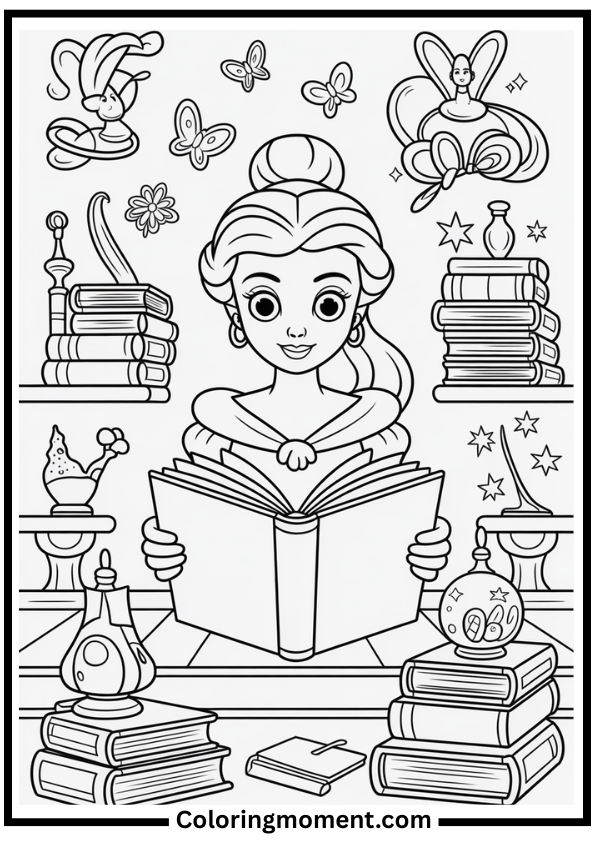 Belle in Library Coloring Page