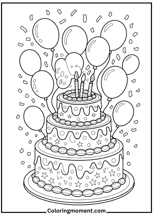 Birthday Cake with Balloons and Confetti