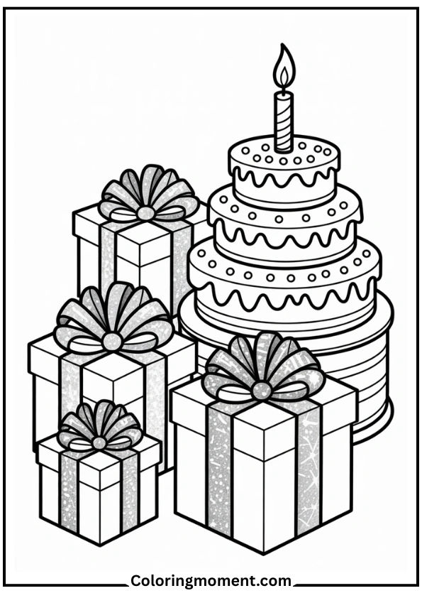 Birthday Cake with Presents and Ribbons