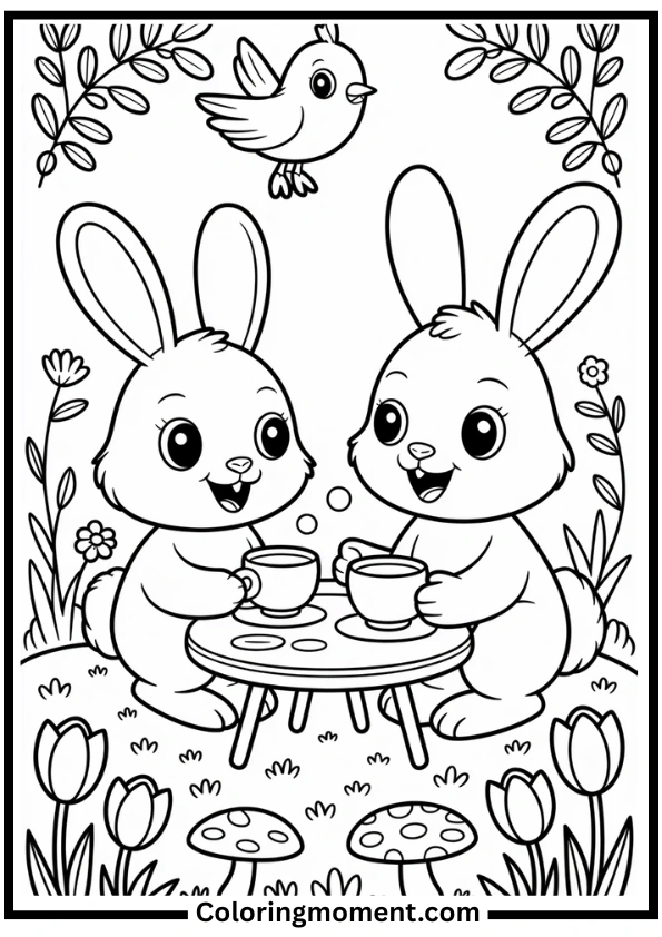 Bunny and Bird Tea Party Coloring Page