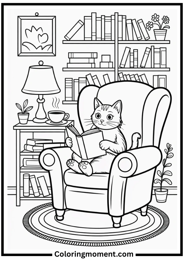 Cat Reading in Cozy Chair Coloring Page