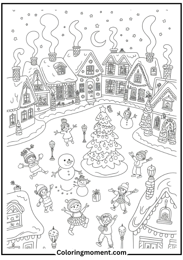 Christmas village at night with snow angels