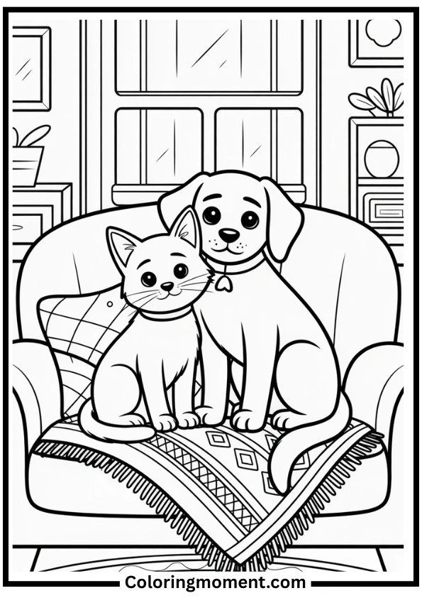 Cuddling Cat and Dog on Sofa Coloring Page