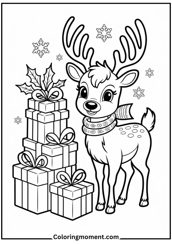 Cute baby reindeer with Christmas presents