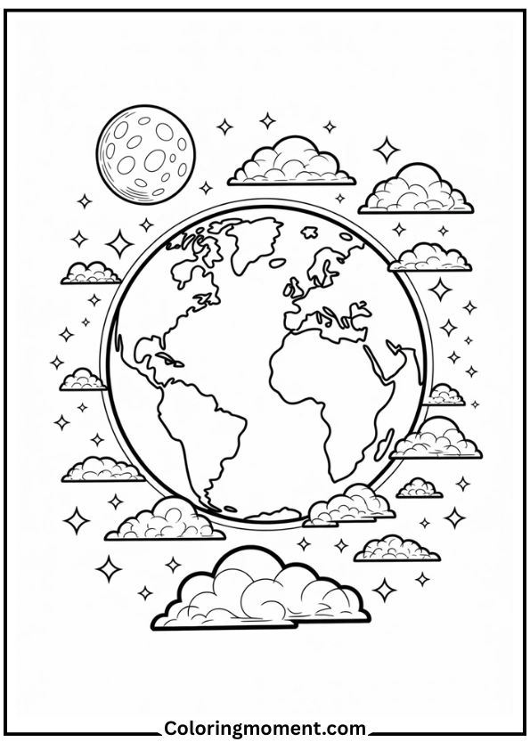 Earth with Clouds, Moon, and Stars
