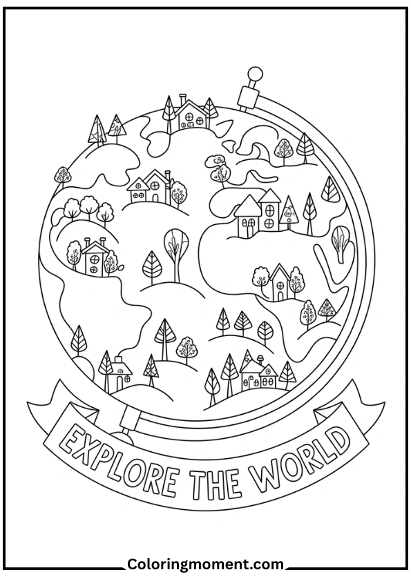 Earth with Tiny Houses, Trees, and Mountains