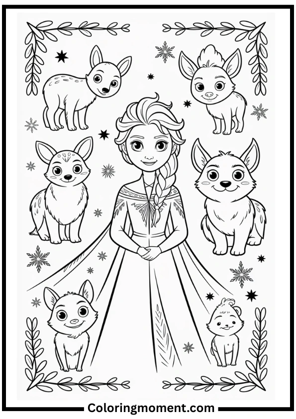 Elsa with Forest Animals in Snow Coloring Page