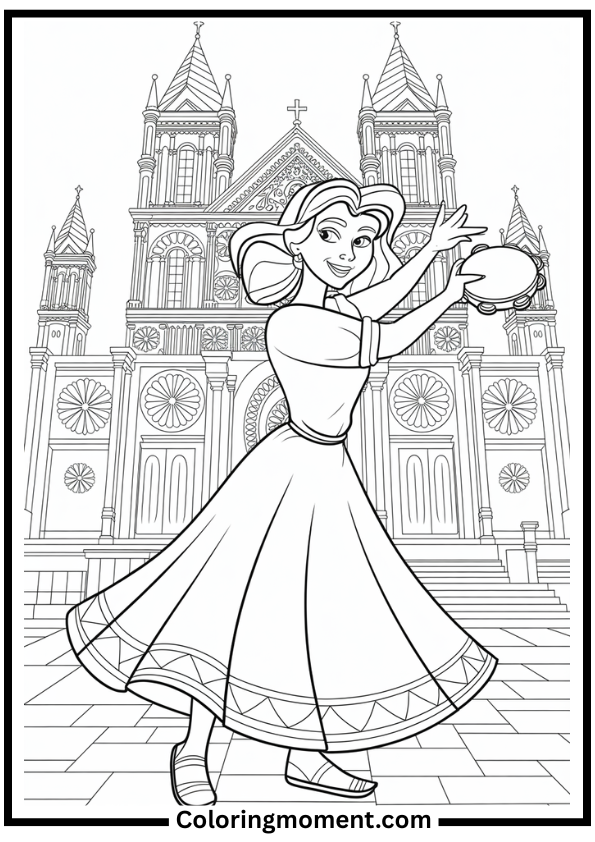 Esmeralda Dancing by Cathedral Coloring Page