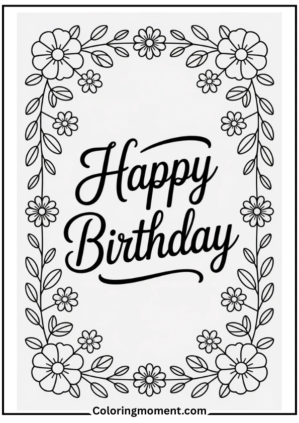 Floral Birthday Design Coloring Page