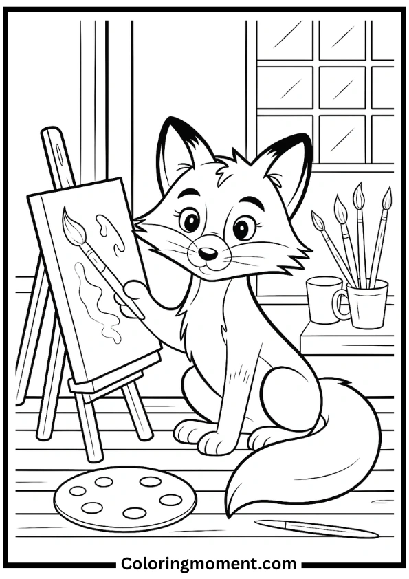 Fox Painting by the Window Coloring Page