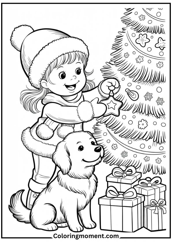 Girl decorating a tree with her dog
