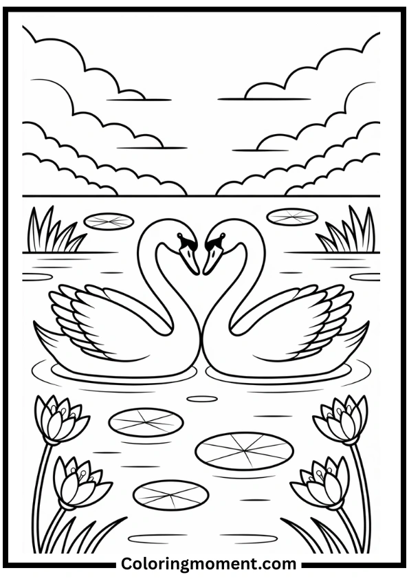 Heart-Shaped Swans on Lake Coloring Page