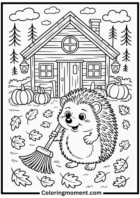 Hedgehog Sweeping Autumn Leaves Coloring Page