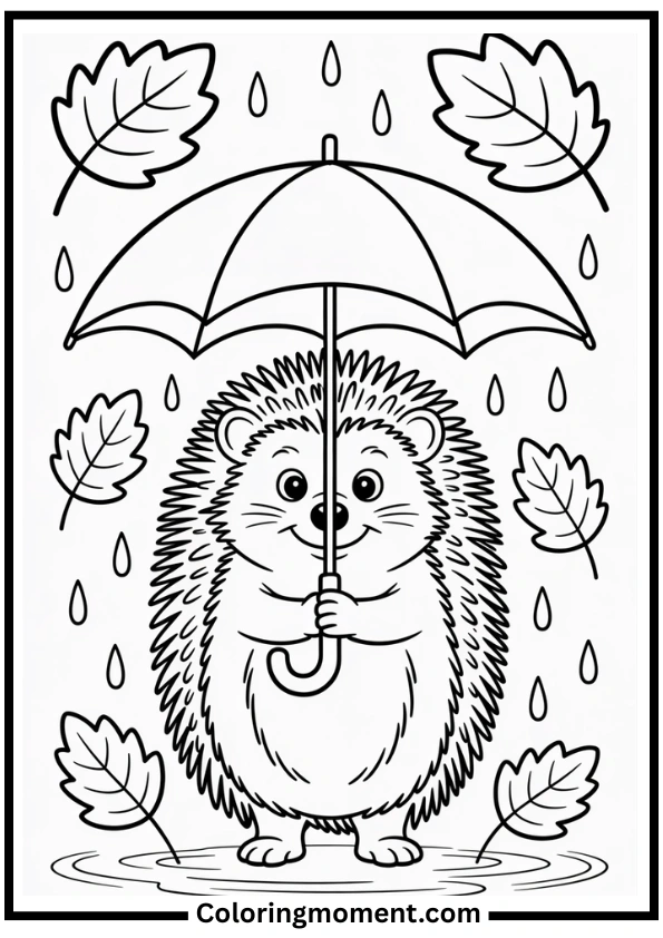 Hedgehog in the Rain Coloring Page