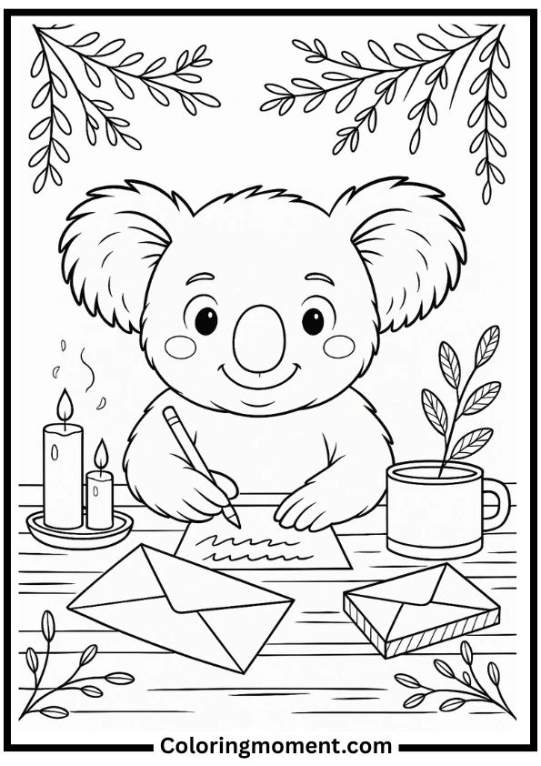 Koala Writing a Letter at Desk Coloring Page