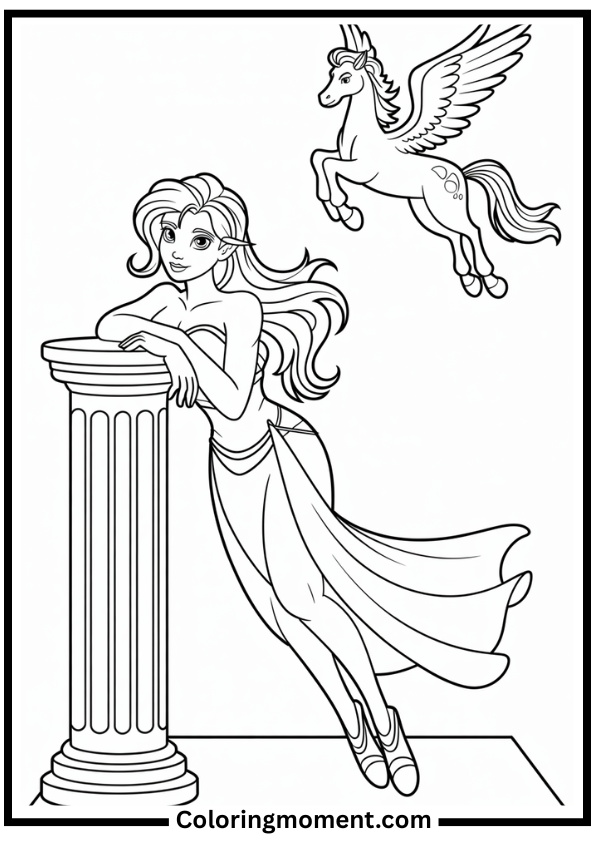 Megara with Pegasus Coloring Page