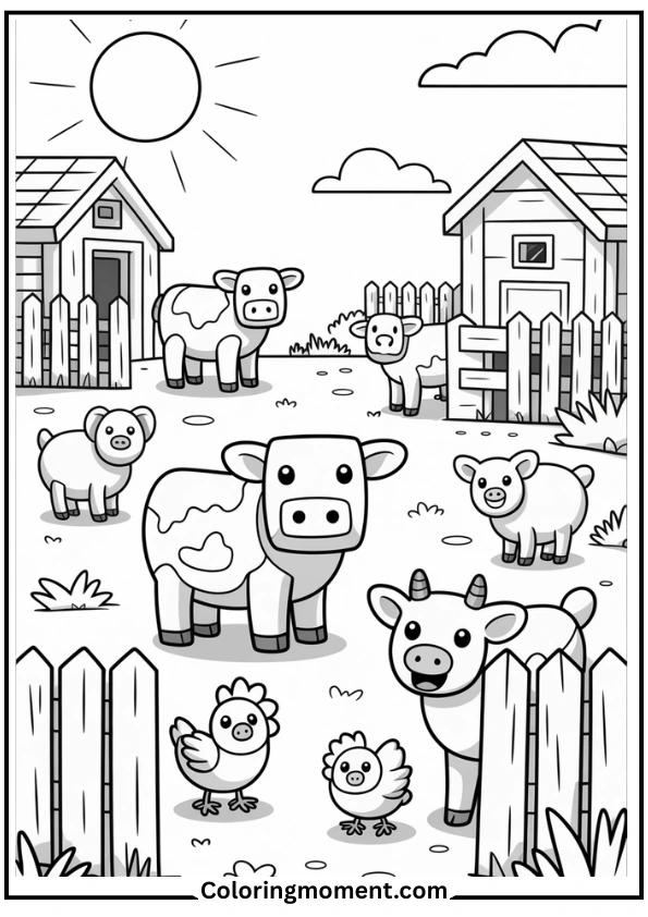 Minecraft Animal Farm Scene Coloring Page