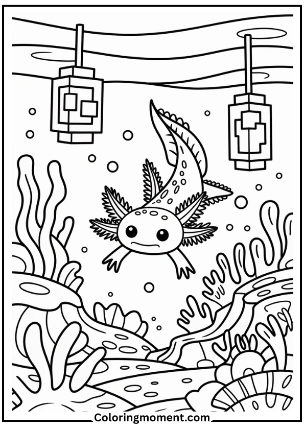 Minecraft Axolotl Underwater Scene Coloring Page