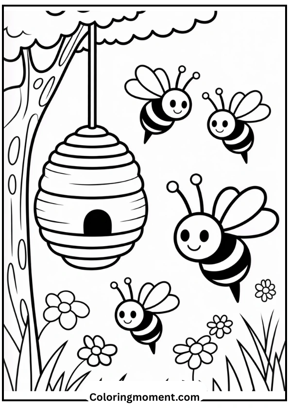 Minecraft Bees Around Beehive Coloring Page
