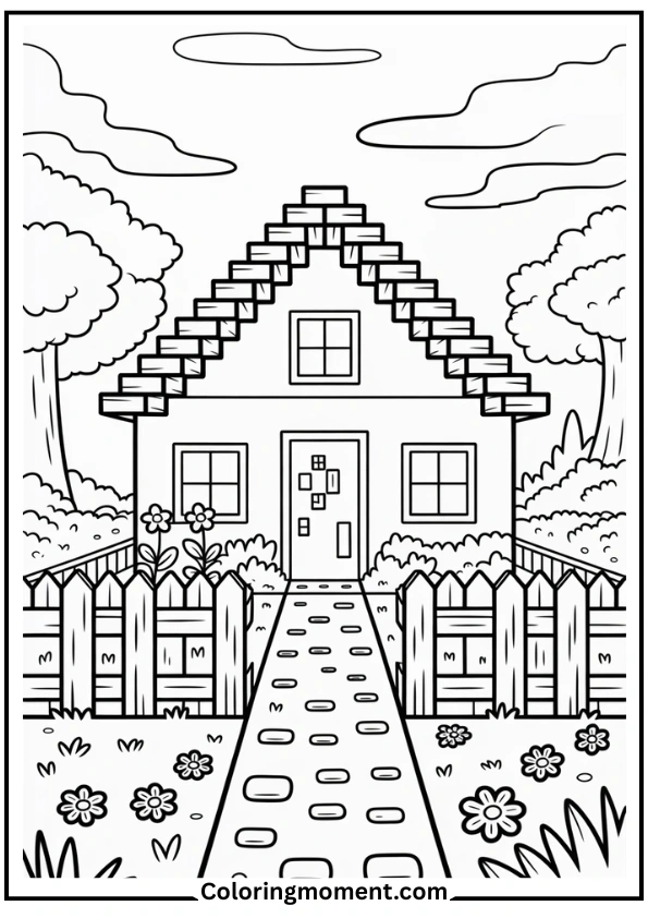Minecraft House and Garden Scene Coloring Page
