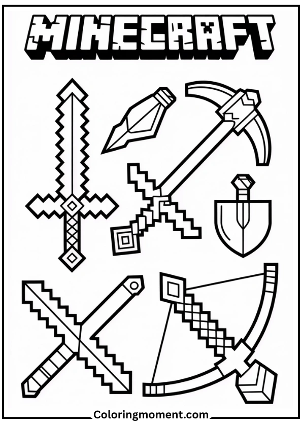 Minecraft Tools and Weapons Set Coloring Page