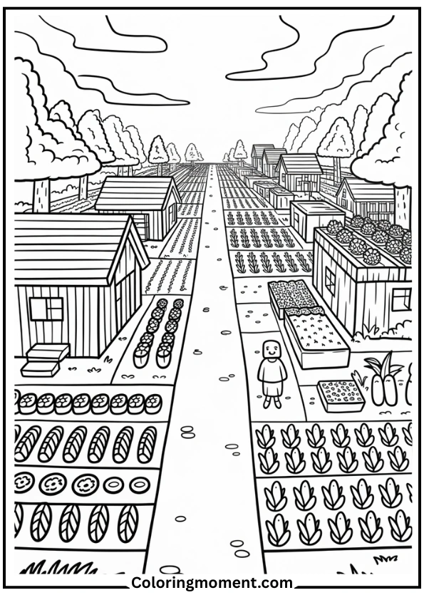 Minecraft Village with Villagers Coloring Page