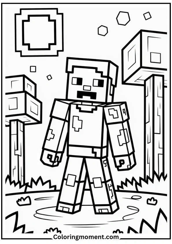 Minecraft Zombie at Night Coloring Page