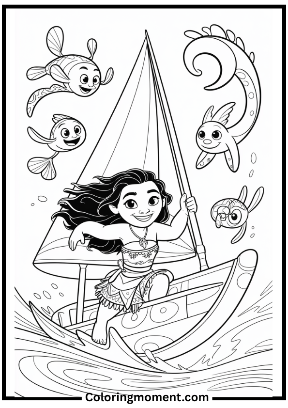Moana Sailing the Ocean Coloring Page