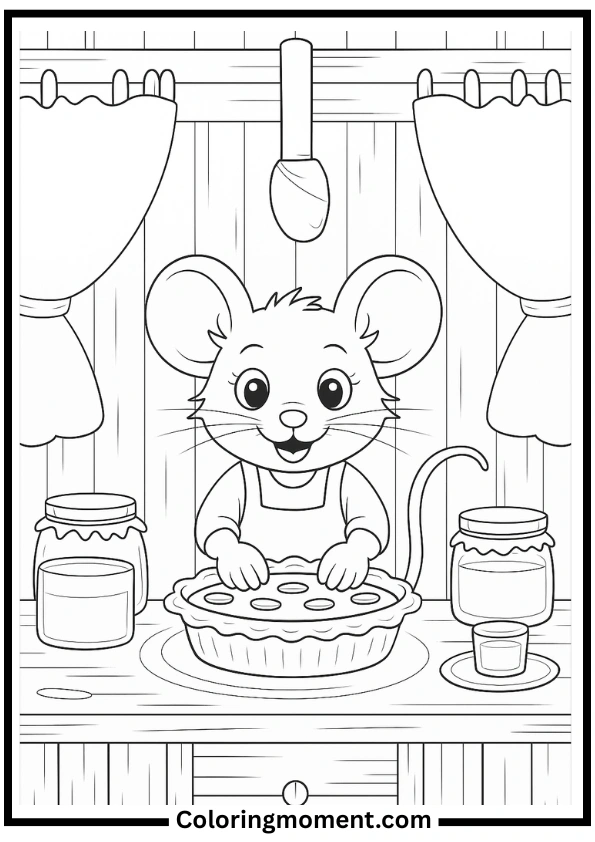 Mouse Baking Pie in Rustic Kitchen Coloring Page