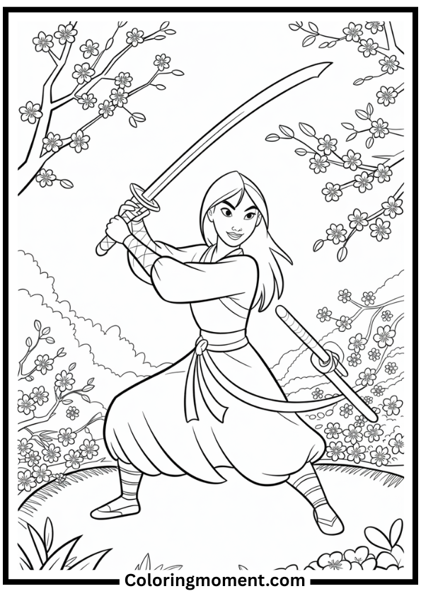 Mulan with Cherry Blossoms Coloring Page