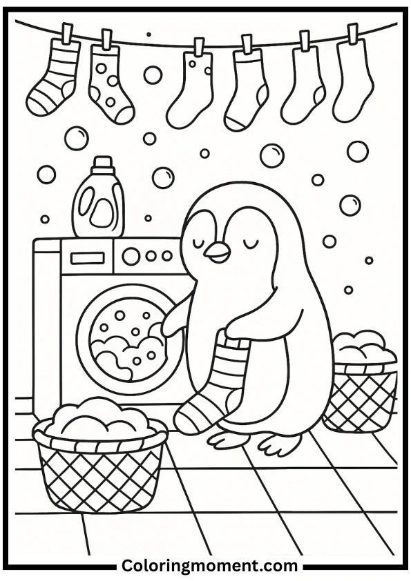 Penguin Doing Laundry Coloring Page