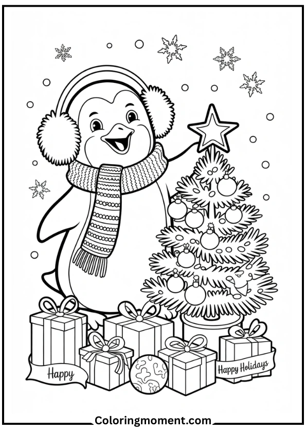 Penguin decorating a Christmas tree