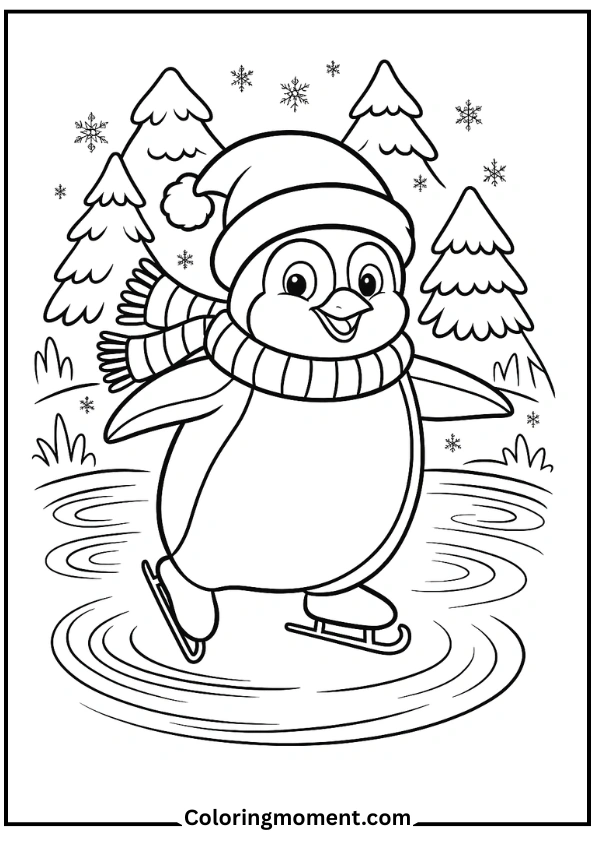 Penguin ice-skating on a frozen pond
