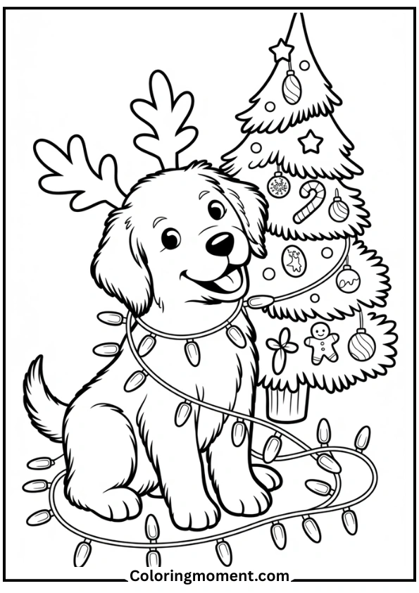 Puppy tangled in Christmas lights