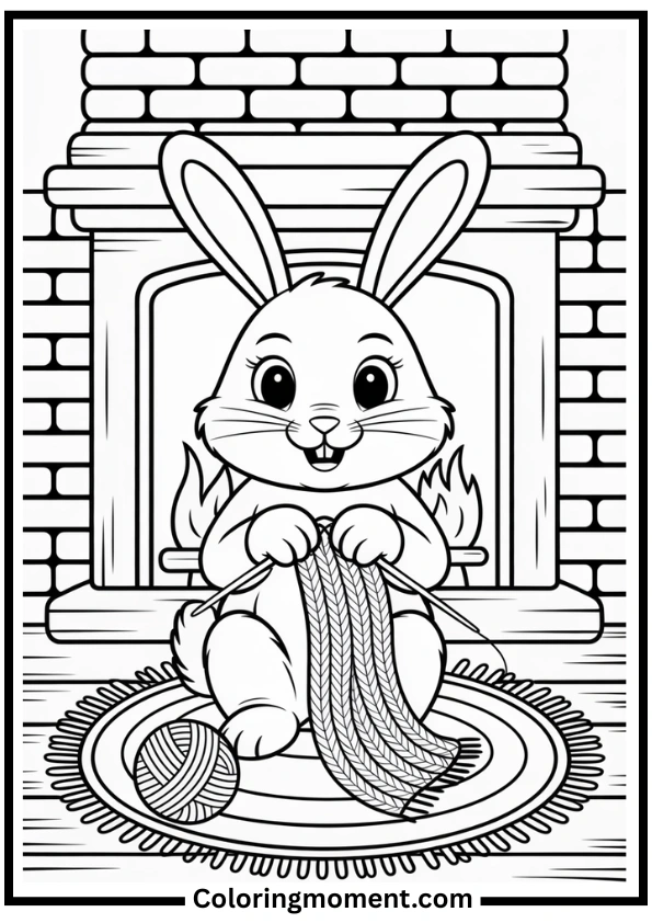 Rabbit Knitting by the Fireplace Coloring Page